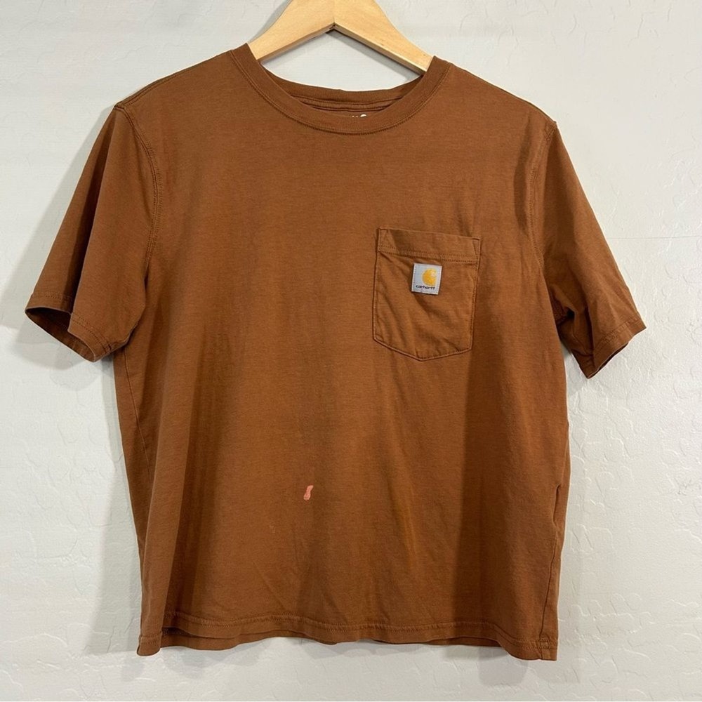Carhartt Womens Small Loose Crop Shirt Brown Pocket Tee Soft Workwear Y2K Grunge